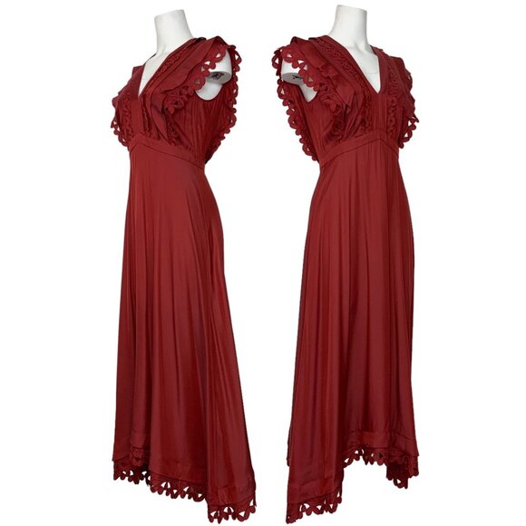 Rebecca Taylor Sleeveless Embroidered Dress 4 Brick Silk Ruffles Midi Western - Picture 2 of 12